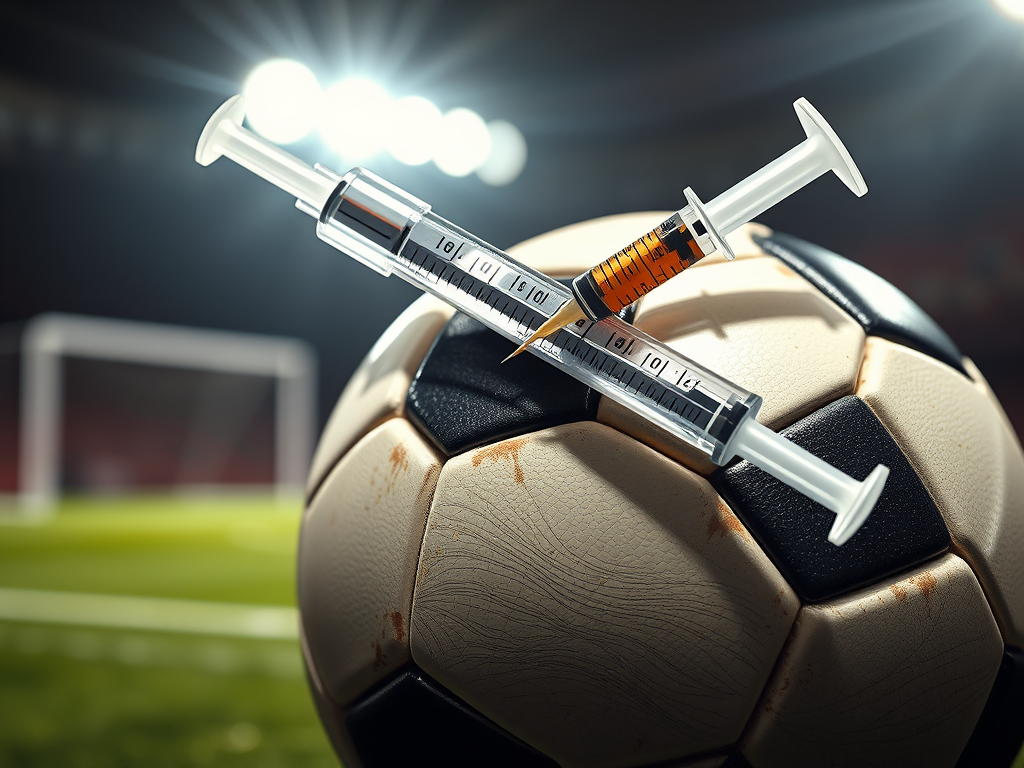Un pallone da calcio sul campo con infilzate delle siringhe simbolo del problema doping